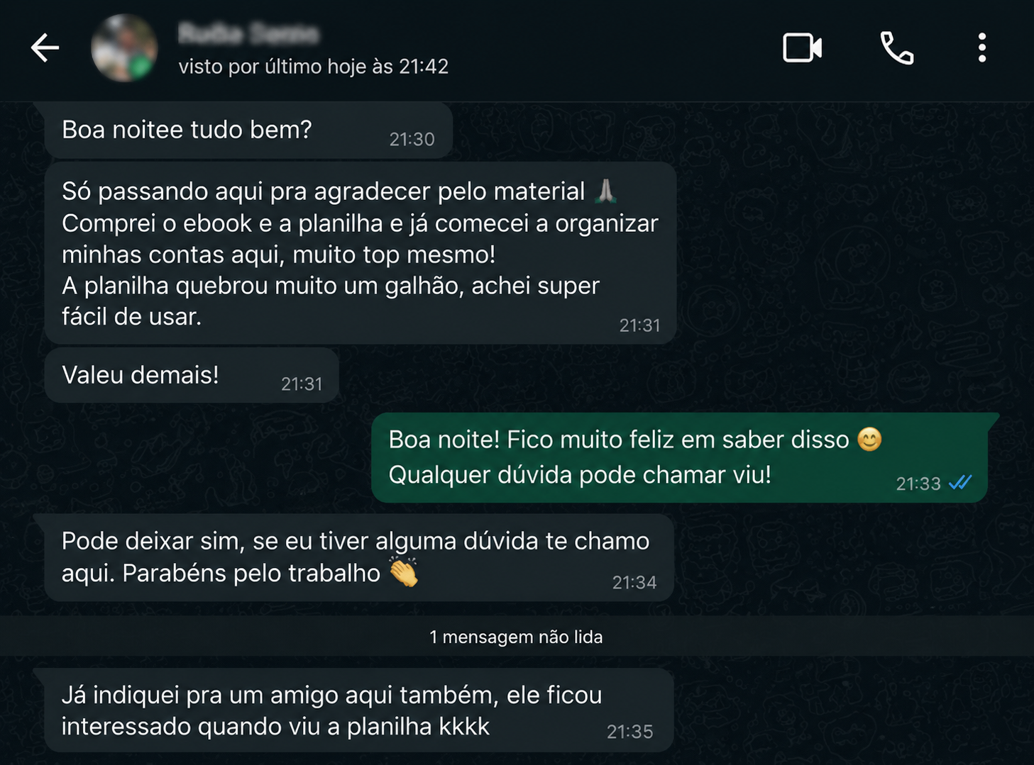 Depoimento de cliente 3 elogiando o kit financeiro no WhatsApp